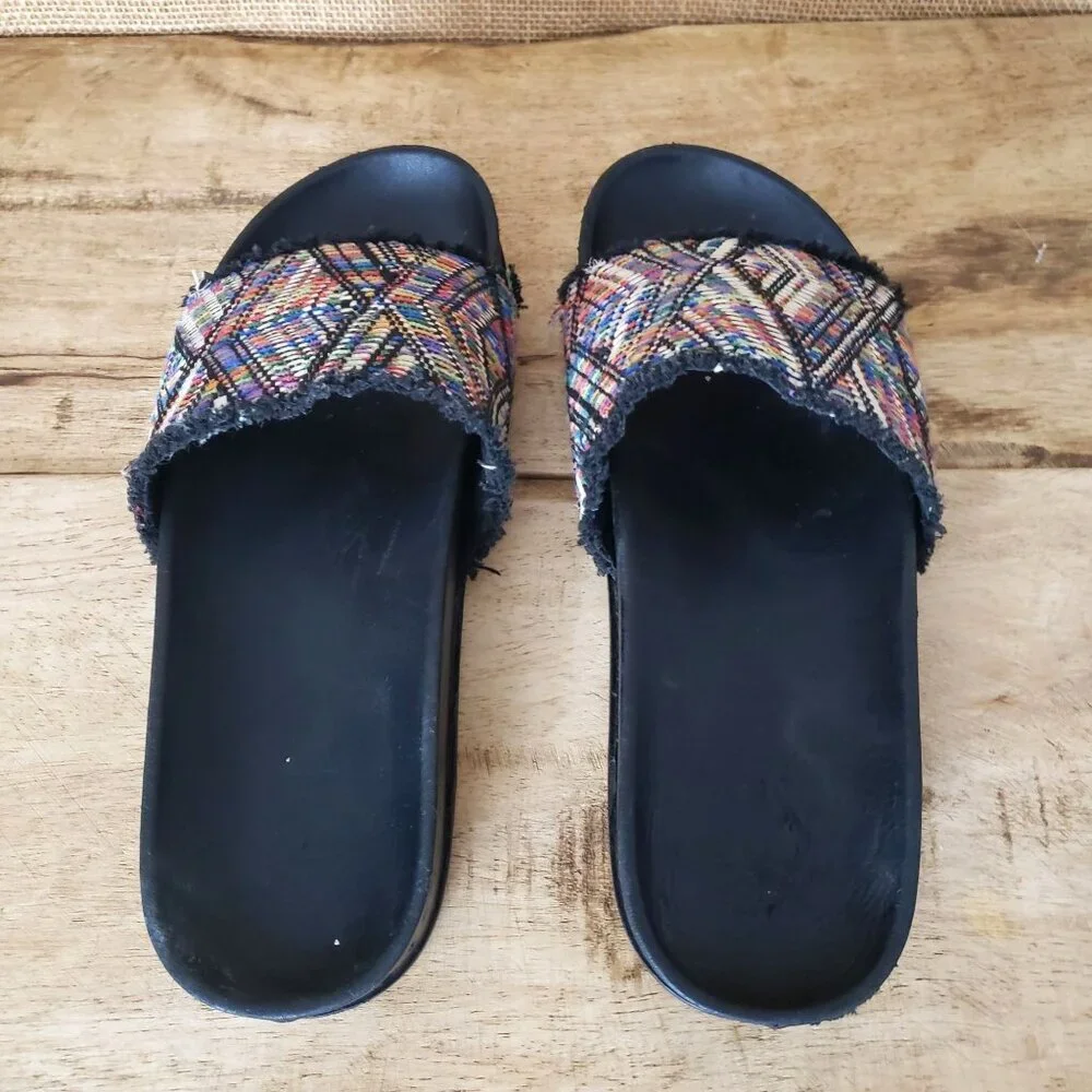 Frye Lily Boho Woven Jacquard Fray Wedge Slide Sandals Southwestern SZ 8